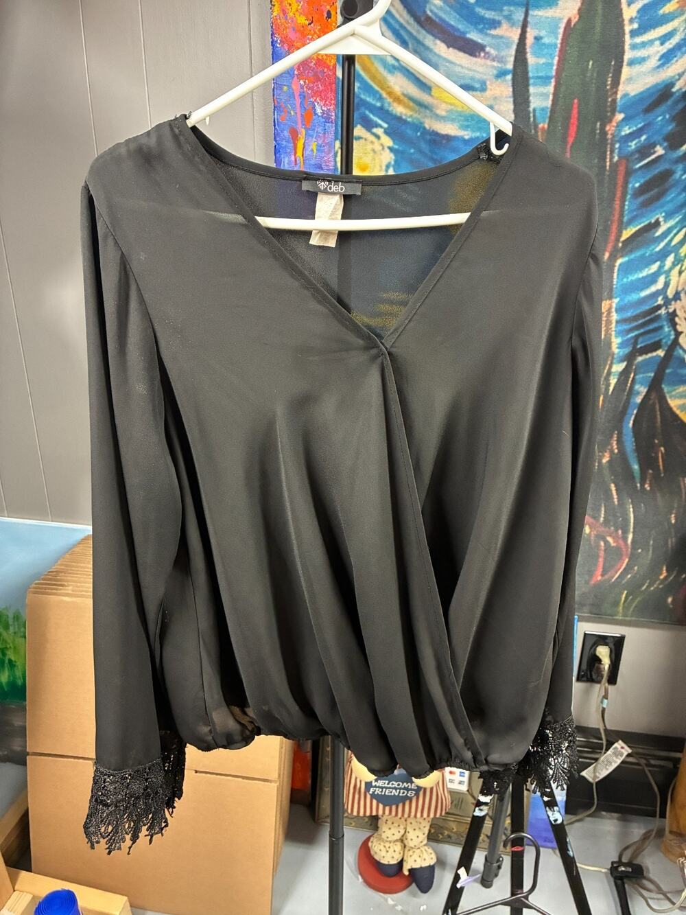 Deb Black Faux Wrap Blouse | Long Sleeve Lace Cuff Top | Elastic Hem | Women’s L